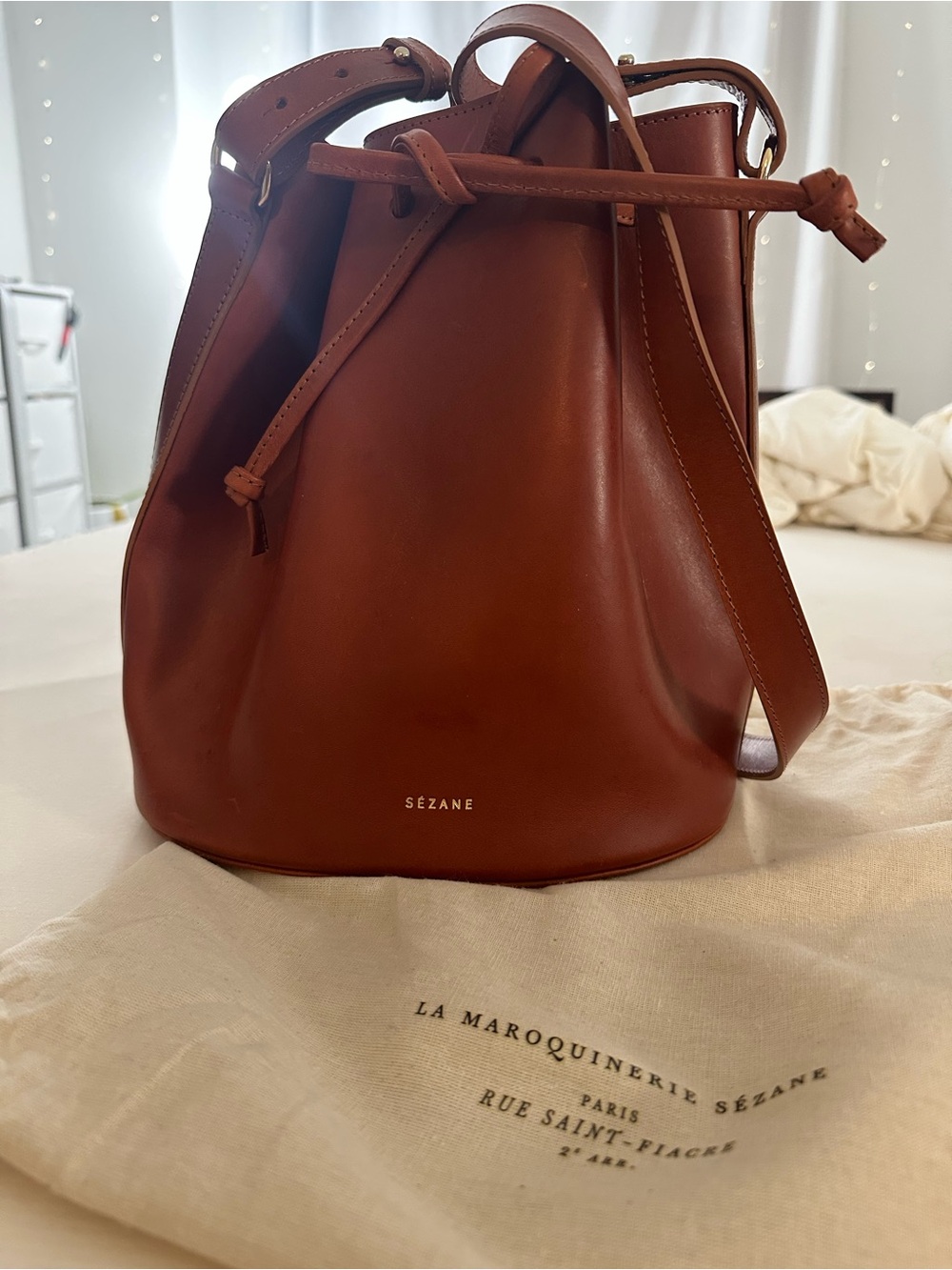Sézane Cognac Leather Drawstring Bucket Bag